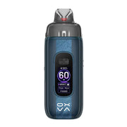 A Oxva Vprime 2 vape device with a dark blue textured body, a clear mouthpiece, and a digital display showing '60W'.