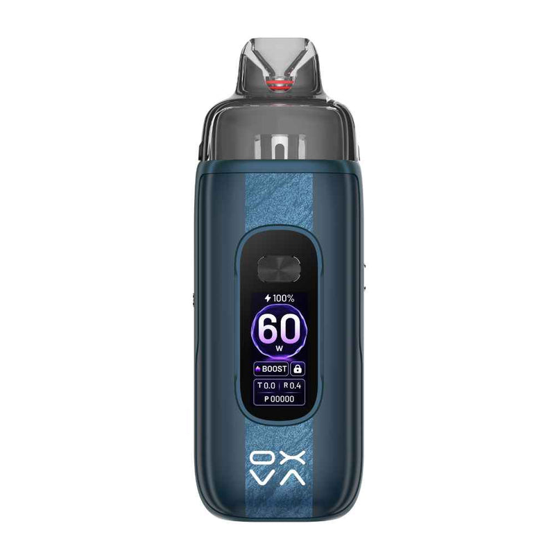 A Oxva Vprime 2 vape device with a dark blue textured body, a clear mouthpiece, and a digital display showing '60W'.