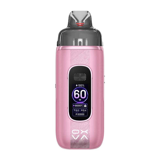 A Vprime 2 Vape Kit in pink and gray Oxva vape device with a digital display screen showing 60W, set against a plain white background.