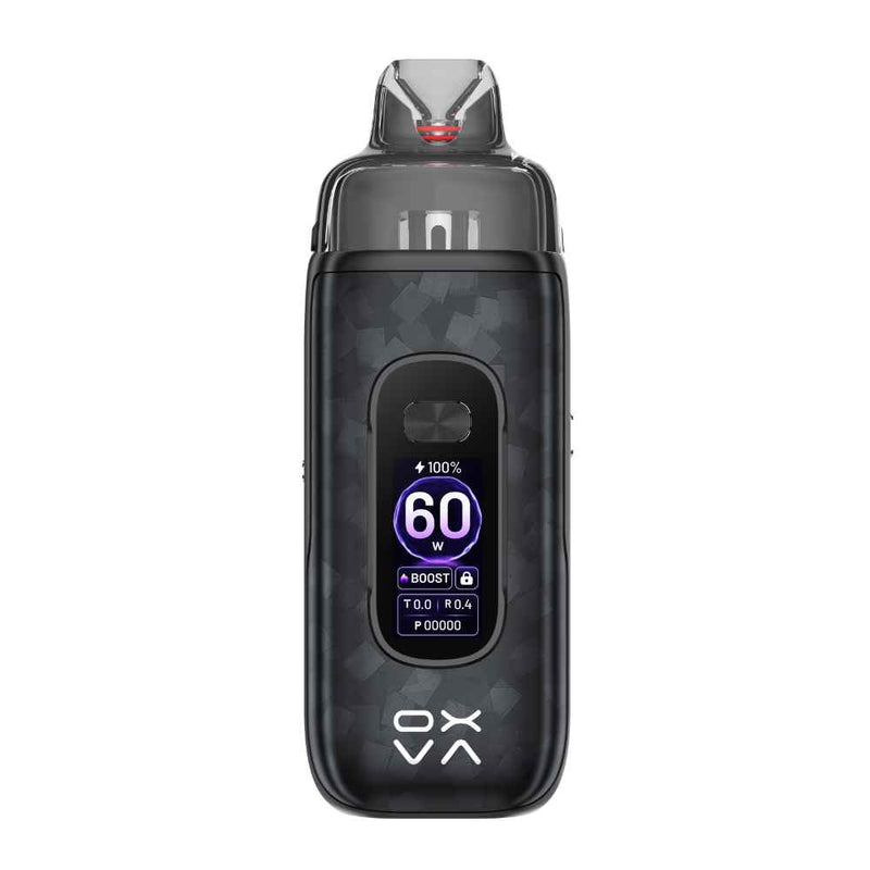 A Vprime 2 black vape device with a subtle dark gray geometric pattern, featuring a digital display screen showing '60 W' and the brand logo 'oxv' at the bottom, set against a plain white background.