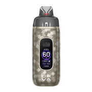 A Vprime 2 Vape Kit in compact rectangular vape device with a gray and black geometric patterned body, a black mouthpiece, and a central digital display showing '60 W' and battery status, isolated on a white background.