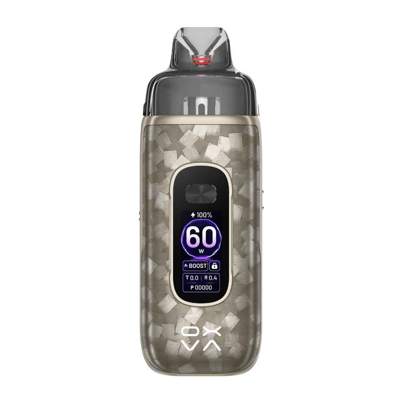 A Vprime 2 Vape Kit in compact rectangular vape device with a gray and black geometric patterned body, a black mouthpiece, and a central digital display showing '60 W' and battery status, isolated on a white background.