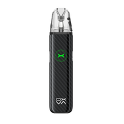 Black vape device with a clear top section on a white background