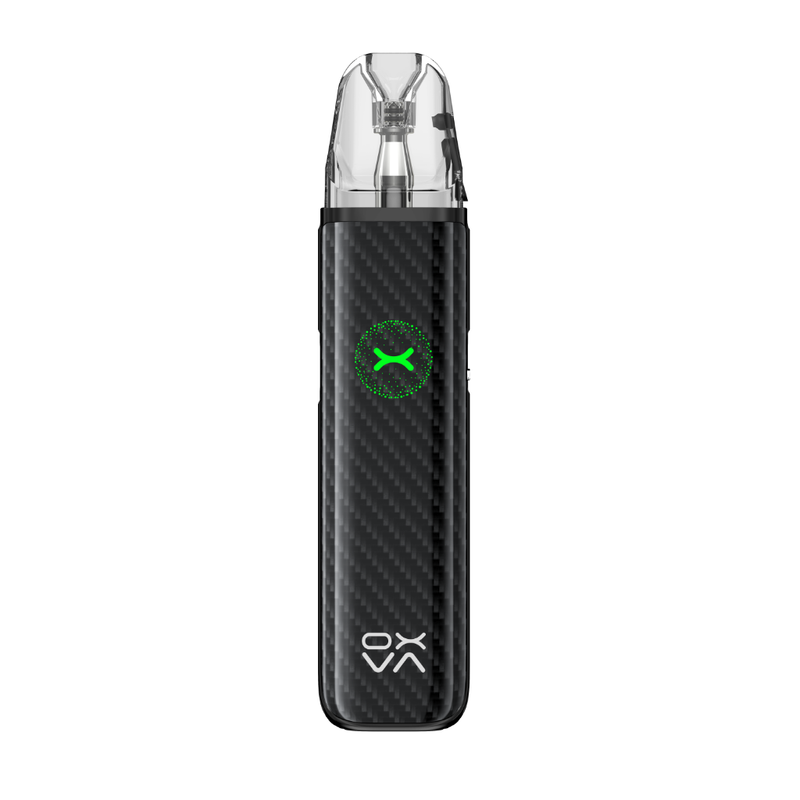 Black vape device with a clear top section on a white background