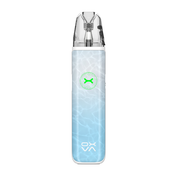 Blue textured vape device with a green logo on a white background