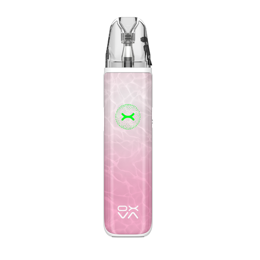 Pink and clear vape device with a green logo on a white background