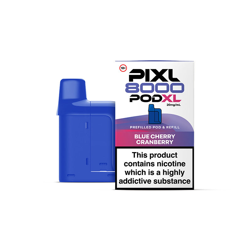 Blue Pixl 8000 Pod XL vape pod and packaging on a white background