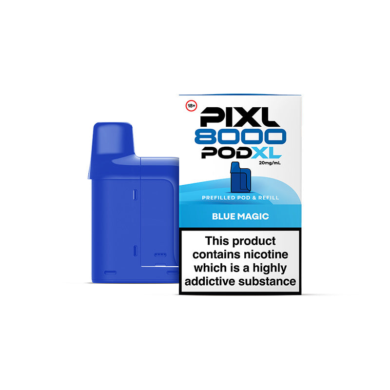 Blue Pixl 8000 PodXL vape pod with packaging on a white background