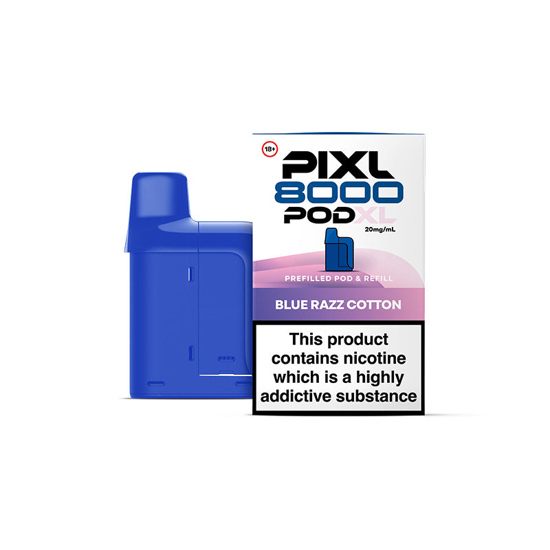 Blue Pixl 8000 pod and its packaging on a white background
