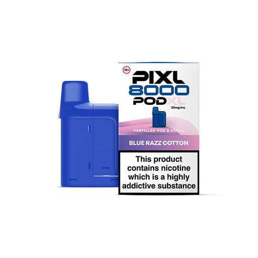 Blue Pixl 8000 pod and its packaging on a white background