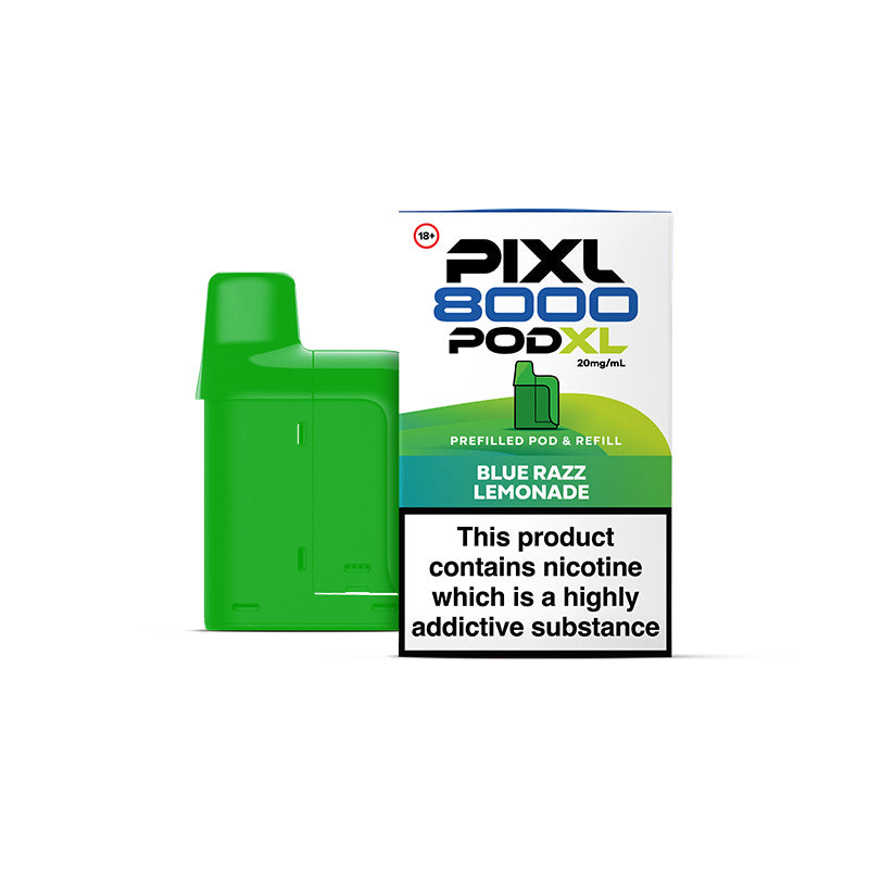 Green vape pod and Pixl 8000 Pod XL packaging on a white background