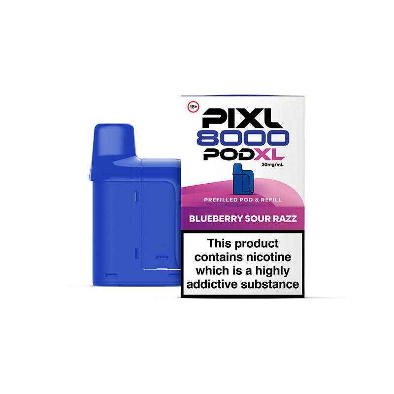 Blue Pixl 8000 PodXL vape pod with packaging on a white background
