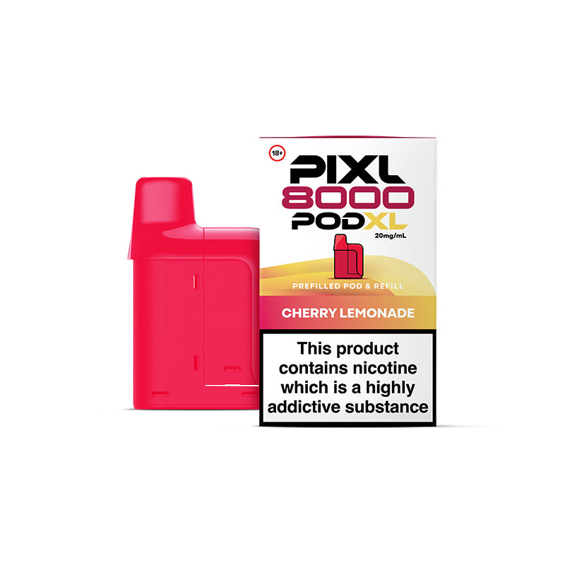 Red Pixl 8000 Pod XL vape pod with packaging on a white background