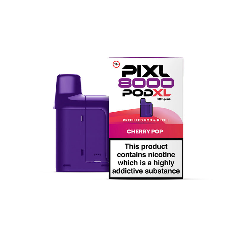 Purple Pixl 8000 Pod XL vape pod with packaging on a white background