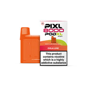 Orange vape pod and packaging labeled 'PIXL 8000 PODXL' on a white background.