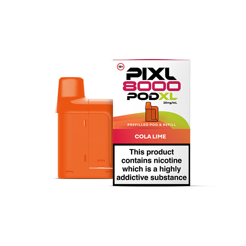 Orange vape pod and packaging labeled 'PIXL 8000 PODXL' on a white background.
