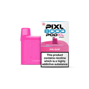 Pink vape pod and packaging labeled 'PIXL 8000 PODXL' on a white background.