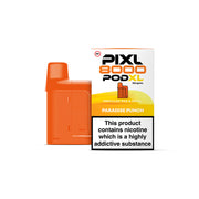 Orange vape pod with packaging labeled 'PIXL 8000 PODXL' on a white background.