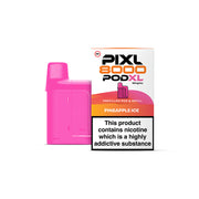 Pink vape pod and packaging for PIXL 8000 POD XL with 'Pineapple Ice' flavor on a white background.