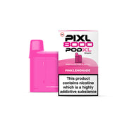 Pink vape pod and packaging for Pixl 8000 Pod XL with nicotine warning label on a white background