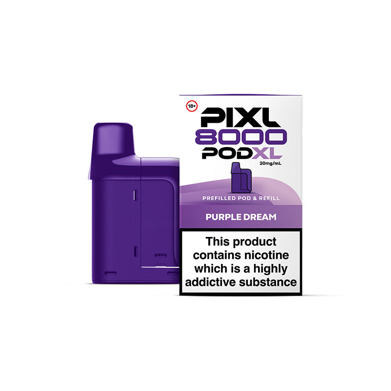 Purple vape pod and packaging labeled 'PIXL 8000 PODXL' on a white background.