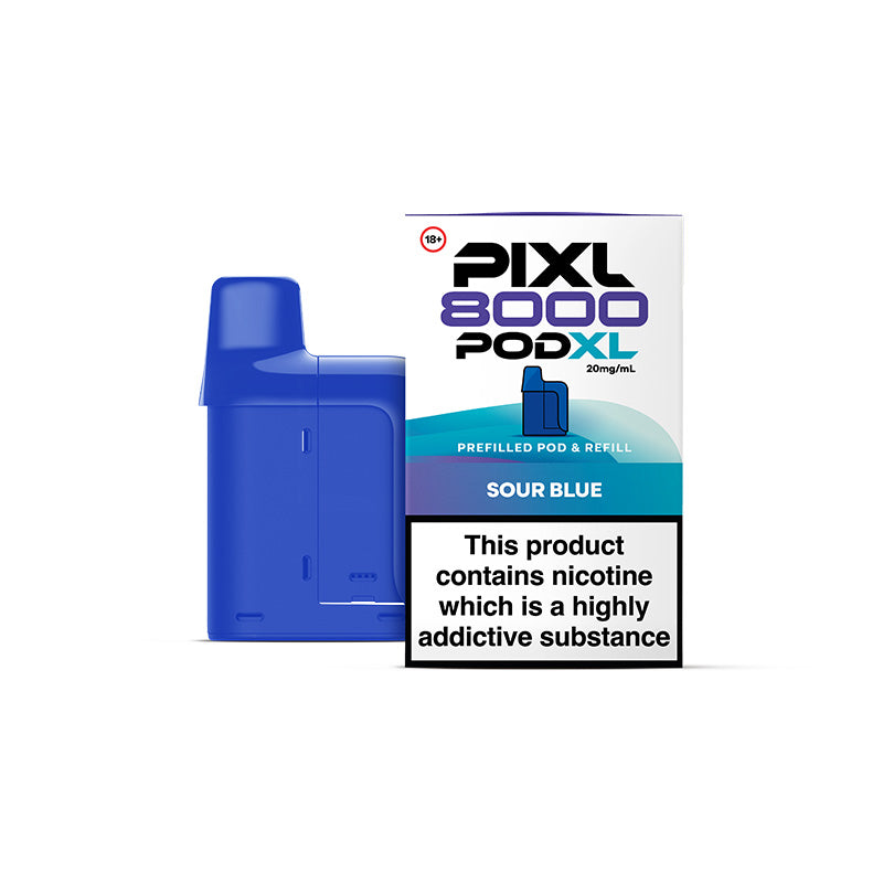 Blue Pixl 8000 PodXL vape pod with packaging on a white background
