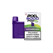 Purple vape pod and packaging labeled 'PIXL 8000 PODXL' on a white background
