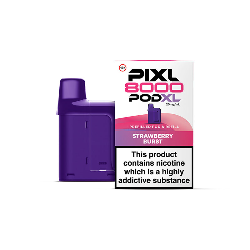 PIXL 8000 Pod XL vape pod packaging with purple pod and white label on a white background