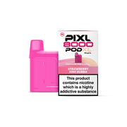 Pink vape pod and packaging with 'Pixl 8000' branding on a white background.