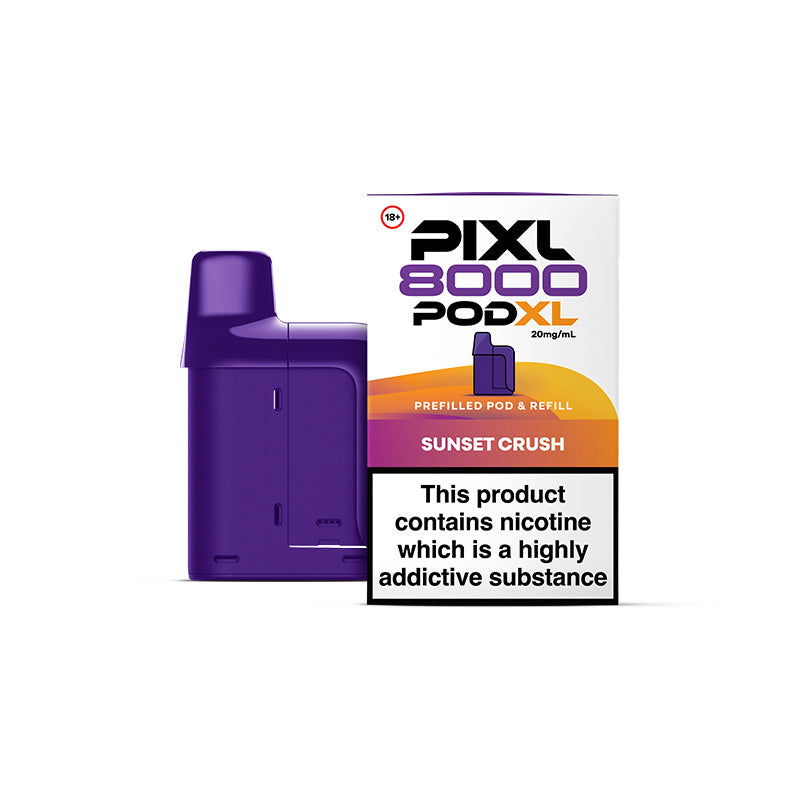 PIXL 8000 PodXL vape pod packaging with purple pod and white background