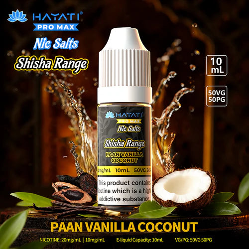 Hayati Pro Max Nic Salts Shisha Range Paan Vanilla Coconut e-liquid bottle with coconut and vanilla beans on a dark background.