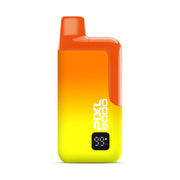 Orange and yellow vape device with 'Pixl 8000' branding on a white background