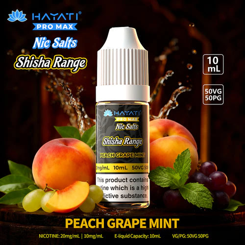 Hayati Pro Max Nic Salts Shisha Range Peach Grape Mint e-liquid bottle with fruits on a dark background