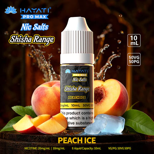 Hayati Pro Max Nic Salts Shisha Range Peach Ice e-liquid bottle with peaches and ice on a dark background