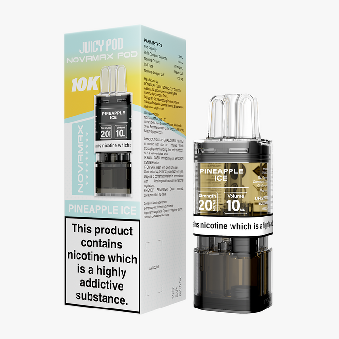 Juicy Pod Novomax vape pod packaging with pineapple ice flavor on a white background