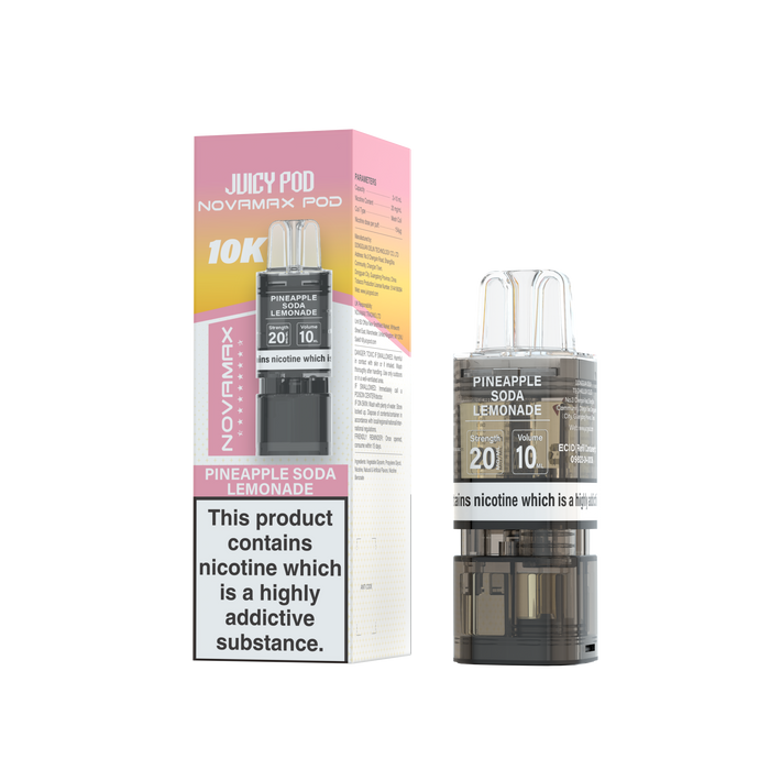 Juicy Pod Novamax Pineapple Soda Lemonade vape pod with packaging on a white background