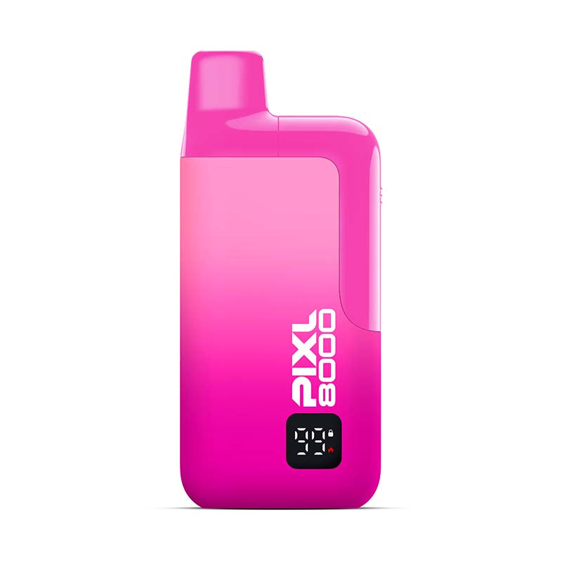 Pink electronic device with 'Pixl 8000' branding on a white background