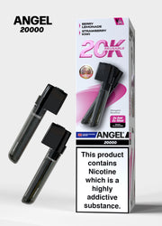 Pink Edition ANGEL 20000 vape device packaging with two black vapes on a white background