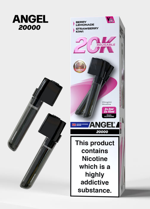 Pink Edition ANGEL 20000 vape device packaging with two black vapes on a white background