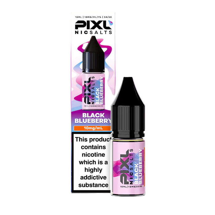 Pixl Nic Salts Black Blueberry vape juice bottle and packaging on a pink gradient background