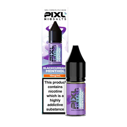 PIXL Nic Salts Blackcurrant Menthol vape juice bottle and packaging on a gradient background