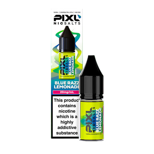Pixl Nic Salts Blue Razz Lemonade vape juice bottle with packaging on a gradient background