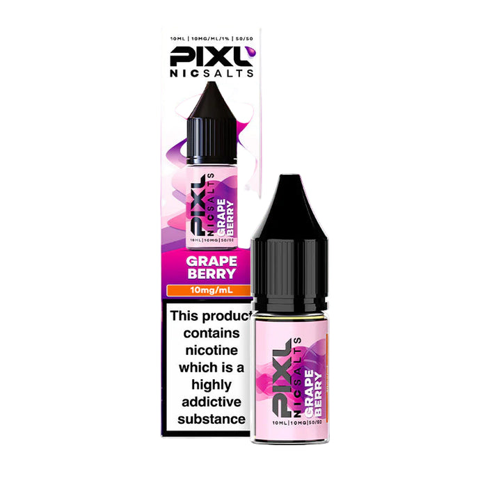 Pixl Nic Salts Grape Berry vape juice bottle and packaging on a pink and purple gradient background