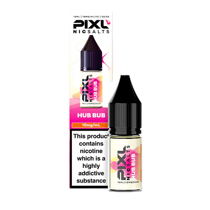 Pixl Nicsalts Hub Bubble vape juice bottle with packaging on a gradient background