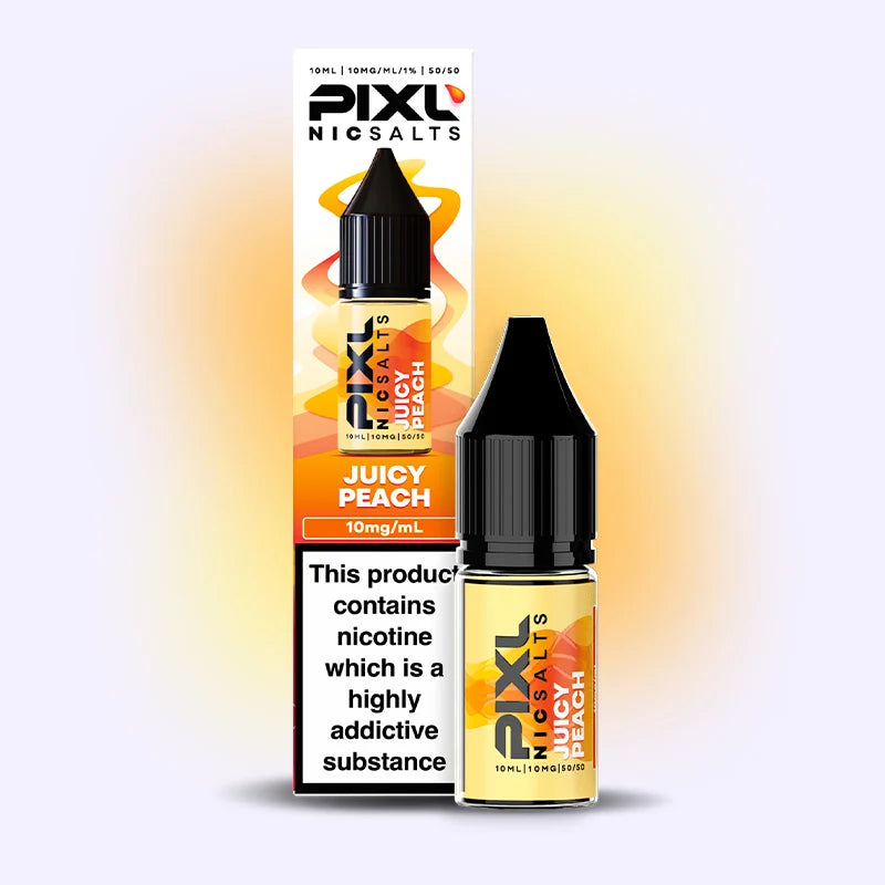 Pixl Nic Salt Juicy Peach orange and yellow with white packaging