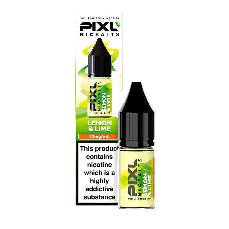 PIXL Nic salts Lemon & Lime e-liquid bottle and packaging on a gradient background