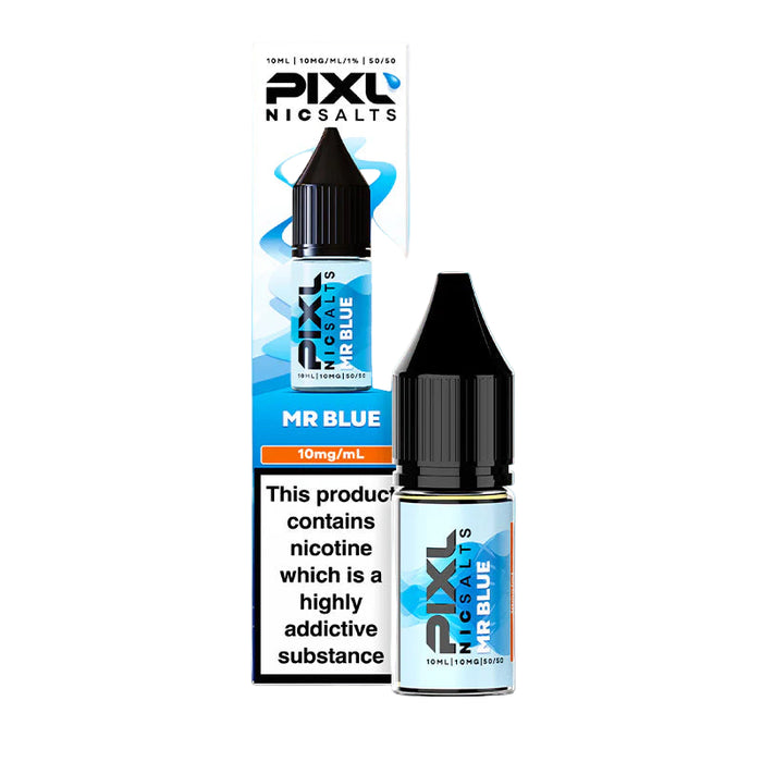 Pixl Nic Salts MR Blue vape juice bottle and packaging on a gradient blue background