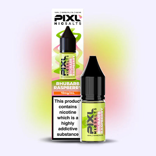Pixu Nic Salts Rhubarb Raspberry e-liquid bottle with packaging on a gradient background
