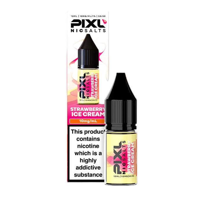 PIXL Nic salts Strawberry Ice Cream e-liquid bottle and packaging on a gradient background