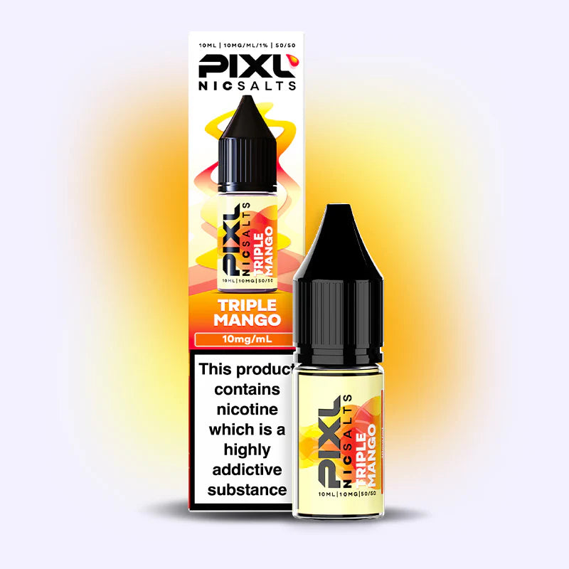 PIXL Nicsalts Triple Mango vape juice bottle and packaging on a gradient background